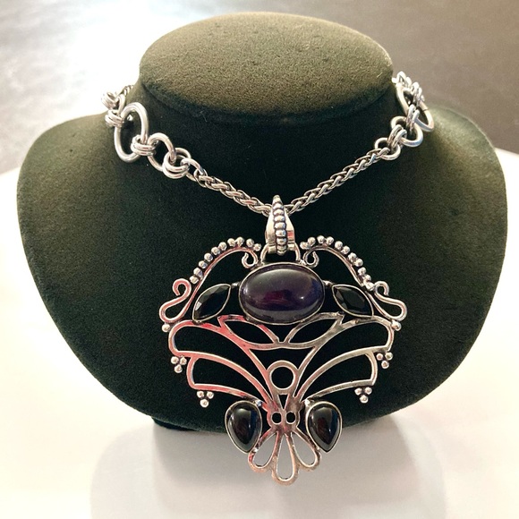 Amethyst and Onyx gemstones boho design charm necklace - Picture 1 of 13
